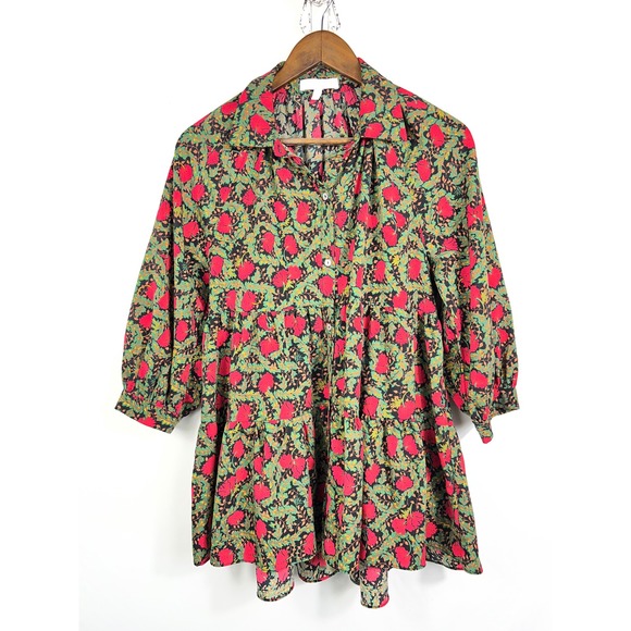 Eri + Ali Anthropologie Floral Tiered Mini Dress/Blouse Red Green Black Small - Picture 3 of 9